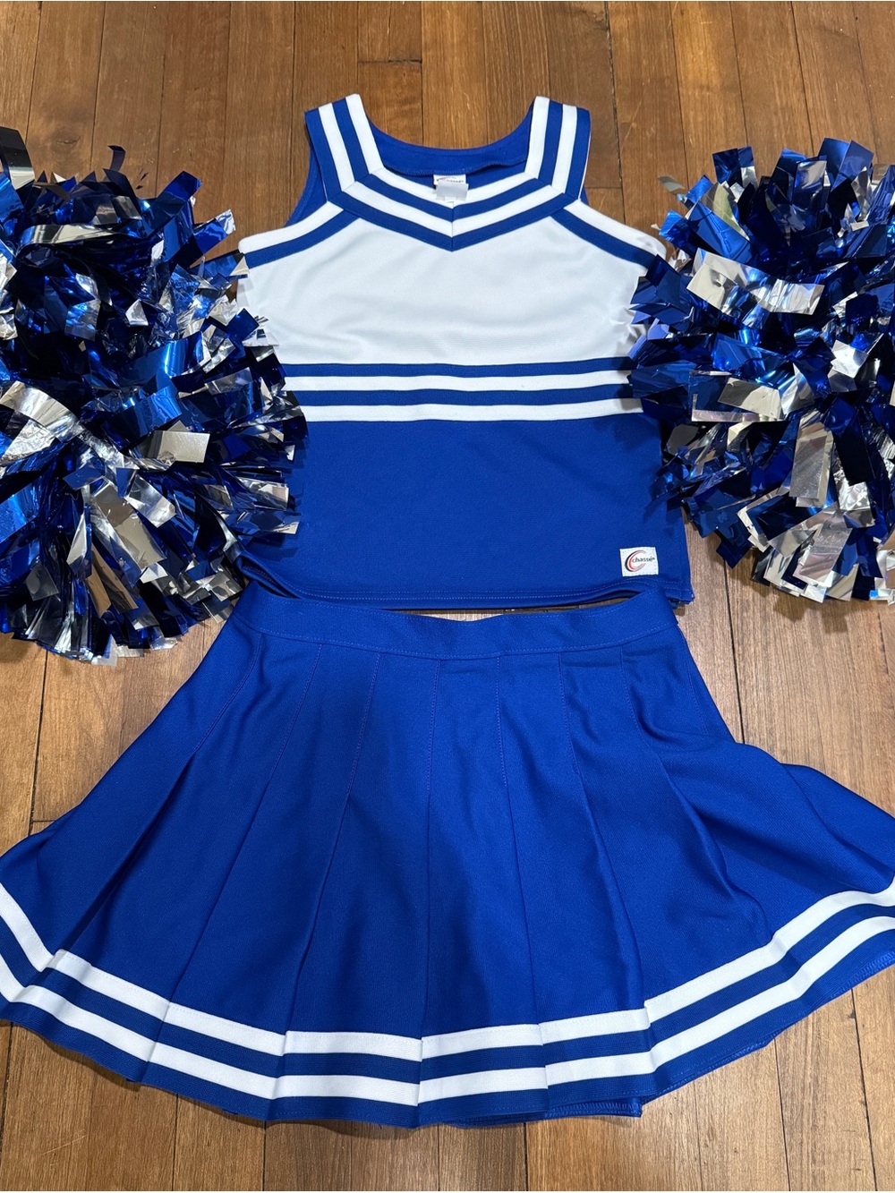 Cheerleader Two-Piece Set - Blue/White with Blue/Silver Poms